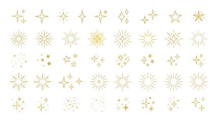 Fototapeta premium Assorted gold hand drawn starburst and glitter sparkles collection for festive design