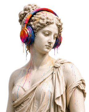 Classical Woman Statue Wearing Colorful Headphones on White Background