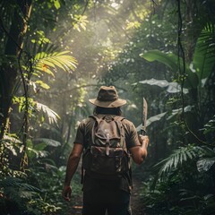 Fototapeta premium Explorer with a Machete and Backpack Treks Through a Lush Sunlit Jungle Path Symbolizing a Journey into the Wild
