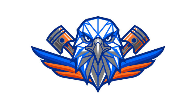 Geometric Eagle Face and Racing Pistons Vector Logo for Automotive Performance Club
