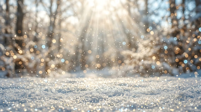 Sparkling Winter Wonderland with Golden Sun Rays Over Fresh Snow in a Magical Forest