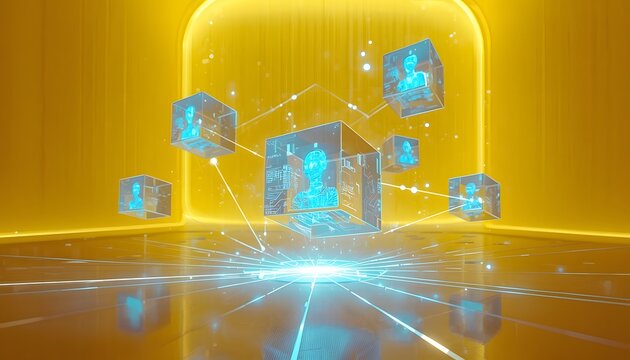 Futuristic digital network visualization with levitating glowing data cubes in yellow space