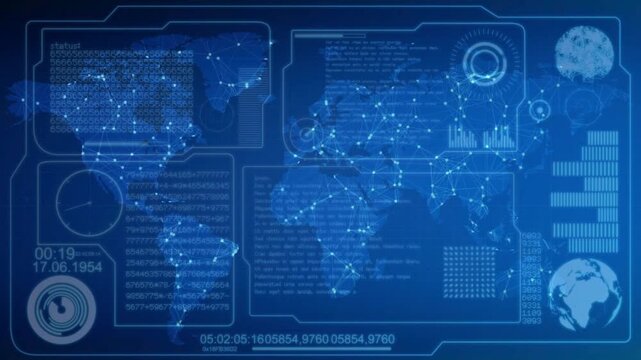 Futuristic blue interface featuring a world map, data charts, and digital readouts. Concepts include cyber security, UI, and global surveillance.