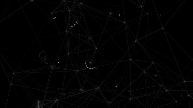 Abstract dark world map with glowing network lines and nodes. Illustrates global connectivity, telecommunications, and digital web structures.