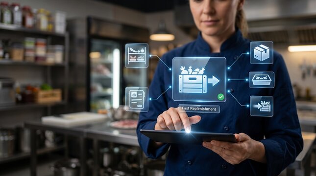 Kitchen Manager Interacting with Holographic Fast Replenishment Visual Identifying Low Stock Ingredients and Preventing Supply Shortages in Commercial Restaurant Background