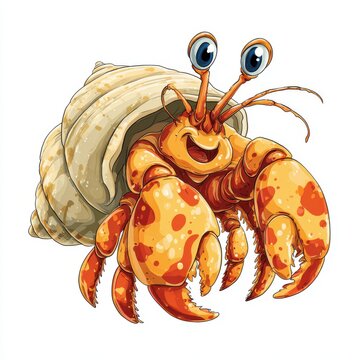 Cute Cartoon Hermit Crab With Spotted Orange Shell And Smiling Face On White Isolated Background
