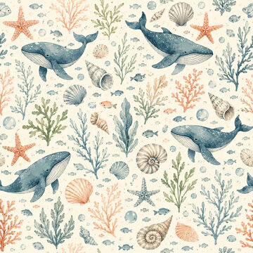 Seamless Coastal Ocean Pattern with Whales, Seashells, Starfish and Seaweed