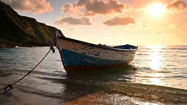 Weathered fishing boat resting on sandy beach shore as golden sun sets over tranquil ocean water beside lush green cliff face with warm cloud formations above horizon
