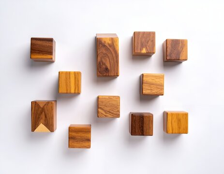 Randomly scattered wooden blocks on white surface
