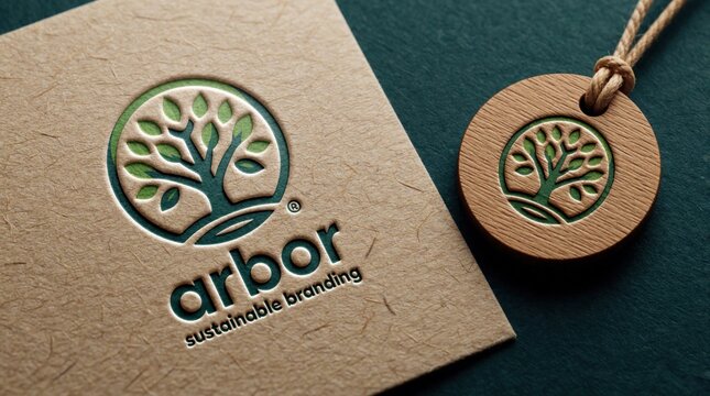 Eco friendly business logo with tree design on recycled paper card and wood tag. Sustainable branding identity for organic company. Green leaf symbol represents nature.