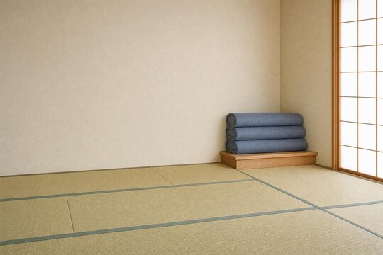 Minimal Japanese tatami room with rolled floor mats and copy space