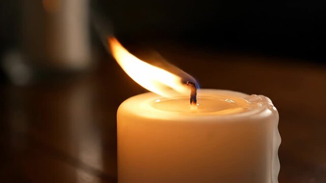 Close up of a single white pillar candle burning brightly with a steady flame, providing warm light in a dark room, creating a peaceful and serene atmosphere