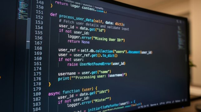 Computer Screen Displaying Lines of Programming Code with Syntax Highlighting in a Dark Theme. and Software Development