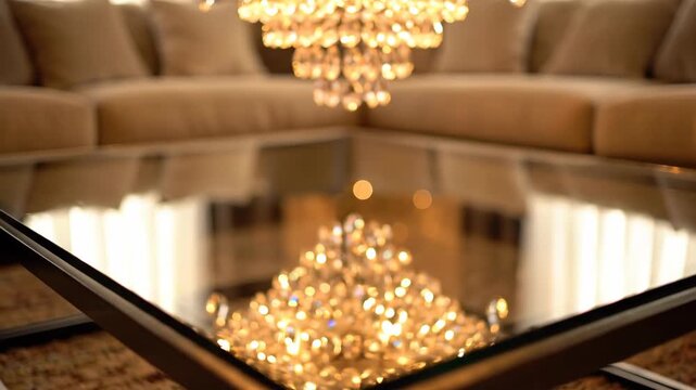 Elegant crystal chandelier reflection on polished glass coffee table in luxurious living room setting with soft beige sectional sofa and ambient lighting