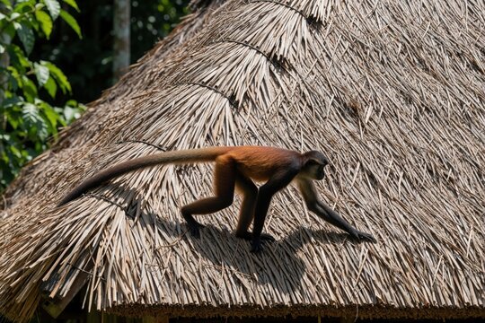 Spider monkey walks on old thatched roof. Primate moves on traditional building exterior in jungle. Animal explores wild habitat with lush green trees background.