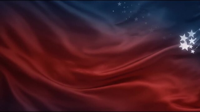 Waving red and blue silk fabric background with glowing white stars effect