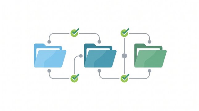 Connected data folders workflow with checkmark icons representing file synchronization and secure transfer flat vector illustration