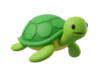 Obraz premium Cute 3D Turtle Character - Green Sea Tortoise Toy Render Isolated on White Background