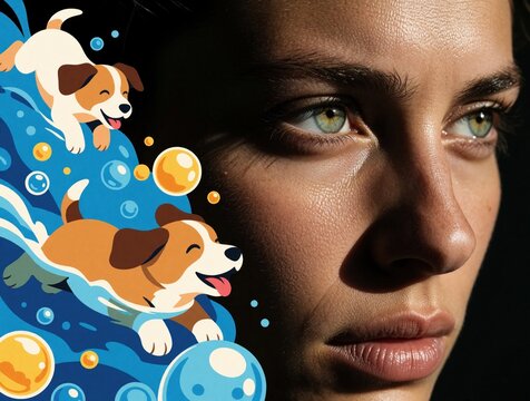 Two happy puppies splash in blue water with yellow and blue bubbles. They appear to be playing or swimming. An illustration of pure joy and pet fun.
