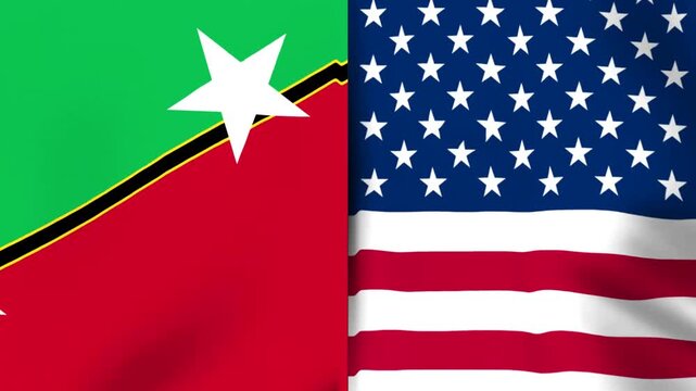 Waving national flags of Saint Kitts and Nevis and the United States of America side by side