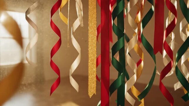 Colorful decorative ribbons red green gold white hanging indoors empty room sunlight illuminating dust particles floating air festive celebration holiday ambiance