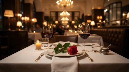 Fototapeta premium Romantic dinner table setting with red rose and wine in a luxury restaurant