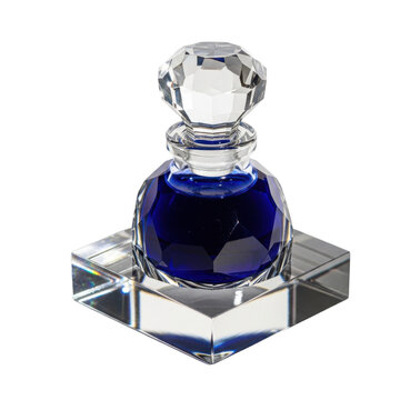 Blue perfume bottle on silver stand