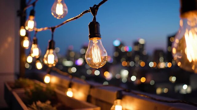 String lights illuminate balcony railing at dusk with city skyline bokeh. Warm glow from vintage Edison bulbs creates inviting atmosphere for evening gathering.