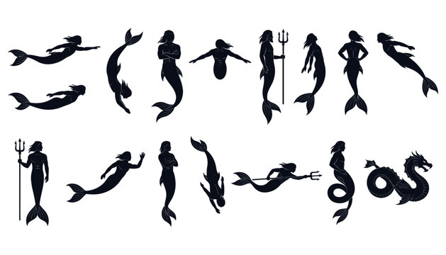 Mythical Mermaid and Merman Silhouette Vector Set Featuring Poseidon Triton Sea Serpents and Underwater Creatures for Nautical Fantasy Book Cover and Graphic Designs