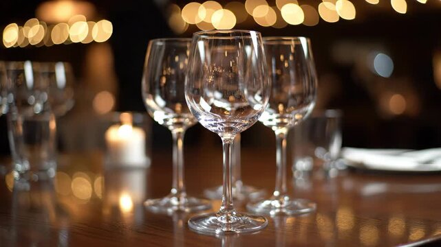 Empty wine glasses on wooden table in restaurant setting with warm bokeh lights in background, intimate dining atmosphere, sophisticated glassware arrangement for special occasion