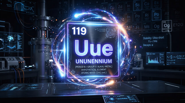 Futuristic element 119 ununennium display glowing in a high-tech laboratory, surrounded by digital interfaces, energy effects, and advanced science technology
