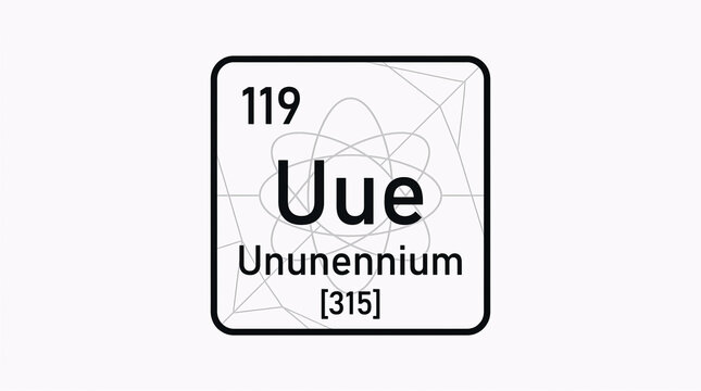 Periodic table concept featuring element 119, ununennium (Uue), with atomic number and mass displayed on a clean white background