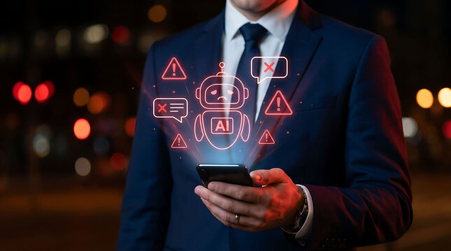 Businessman holding phone showing sad AI chatbot error system warning icons