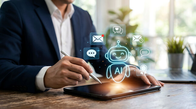 Businessman using tablet with AI chatbot customer service assistant icons