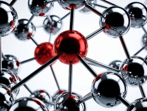 Abstract atomic model with shiny chrome spheres connected by rods. One red sphere stands out among silver nodes in a complex network structure against a white background.