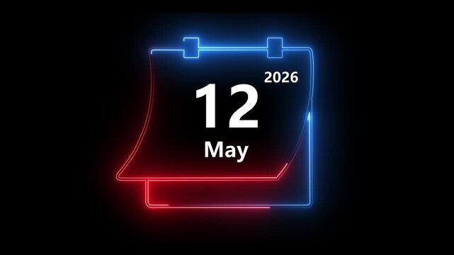 Glowing Neon 12 May 2026 Calendar Icon Animation Loop Isolated Black Background Motion Graphic Video Overlay