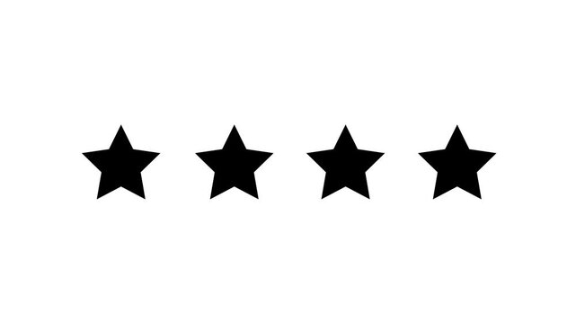 Animated black four stars rating icon, burst effect popping up on white background, isolated smooth motion graphic overlay design , customer feedback review badge rank element video asset.