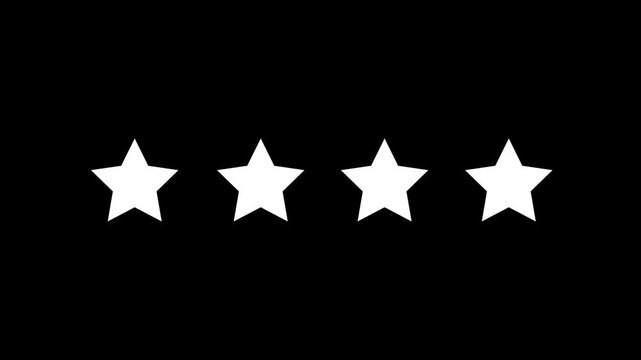 Animated white four stars rating icon, burst effect popping up on black background, isolated smooth motion graphic overlay design , customer feedback review badge rank element video asset.