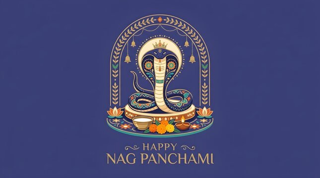 Happy Nag Panchami Vector Illustration with Decorative Serpent Cobra, Sacred Kalash Pot, Diya Lamp, Om Symbol, and Hanging Temple Bells