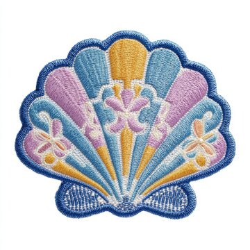 Colorful Decorative Embroidered Seashell Ornament Patch With Intricate Texture On White Background