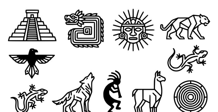 Set of black and white icons featuring ancient aztec mayan and native american cultural symbols and traditional tribal animal figures