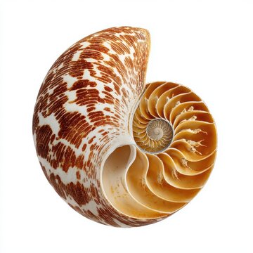 Cross Section Of A Beautiful Nautilus Shell With Intricate Spiral Patterns Against White Background