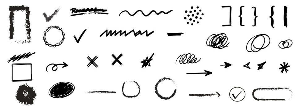 vector set of hand drawn sketch drawingHand Drawn Marker Underline and Strikethrough Strokes Collection. Black Ink Scribble Lines, Circle Highlights, Cross Marks and Brush Emphasis Elements. Vector Il