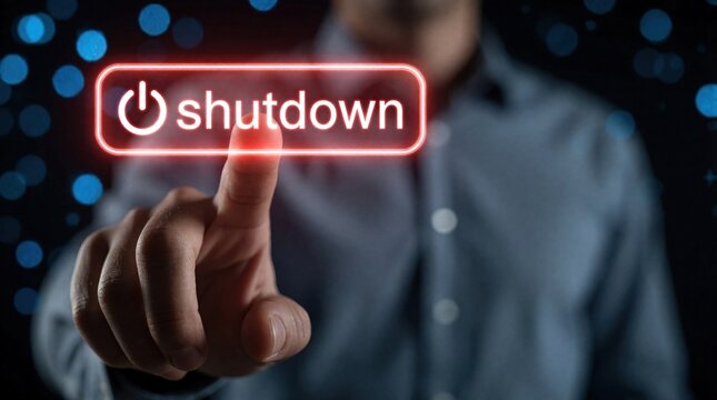 Person presses glowing red button labeled shutdown. Finger touches interface for power off. Digital control over system end or halt. Decision to terminate process.