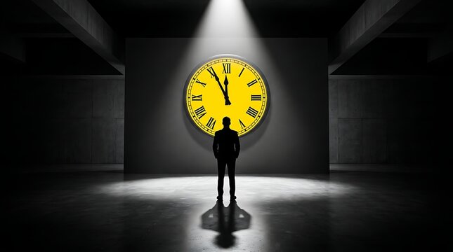 Businessman standing in front of a large yellow clock in a dark room