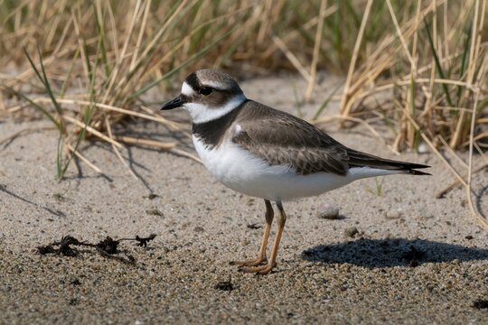Small shorebird walks on sandy beach near dune grass. Common ringed plover has brown back white belly distinct black neck band. Bird searches for food.