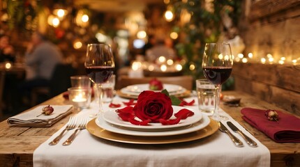 Fototapeta premium Romantic dinner table setting with red rose and wine glasses in a cozy restaurant