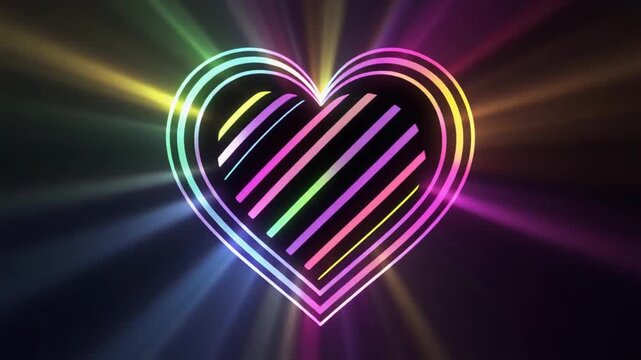 Neon Glowing Multi-Colored Abstract Heart Shape with Radiating Light Rays