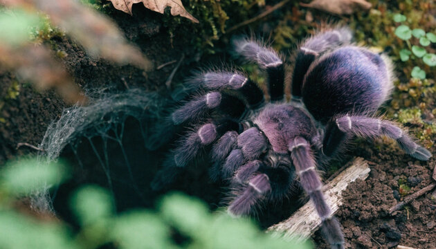 Purple Tarantula Resting Beside Burrow on Damp Forest Floor