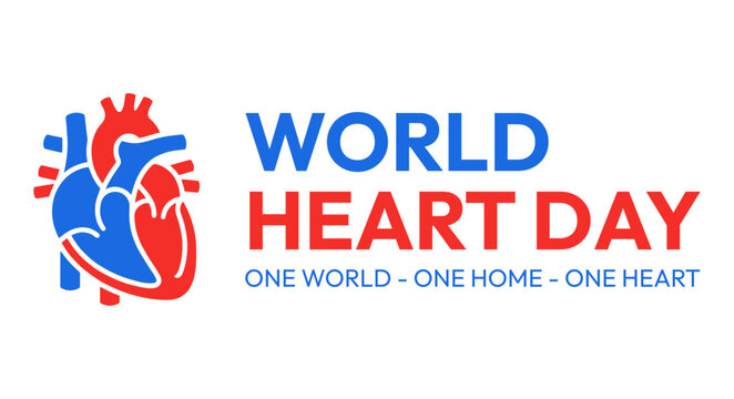 World Heart Day promotional graphic featuring a stylized heart illustration and typography on a white background for healthcare awareness